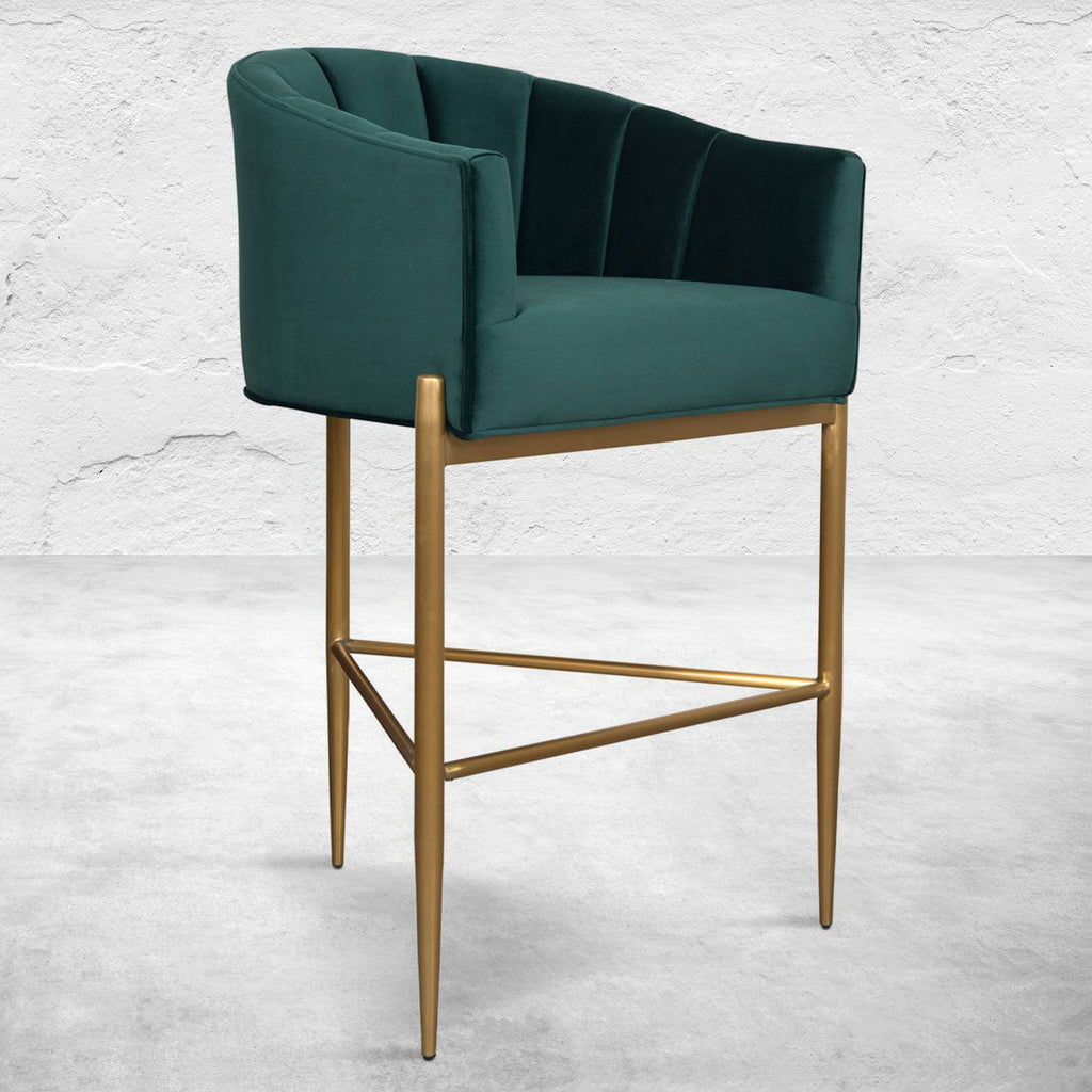 Art Deco Bar and Counter Stool in Velvet with Channel Tufting