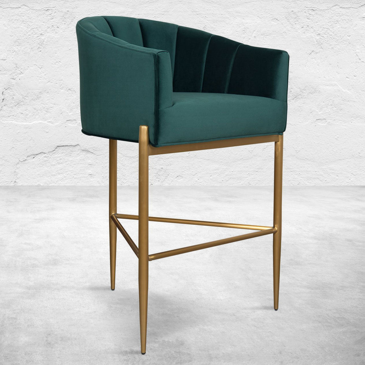 Art Deco Bar and Counter Stool in Velvet with Channel Tufting